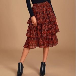 Lulus Duarte Black and Red Floral Print Pleated Tiered Midi Skirt Size S NWT